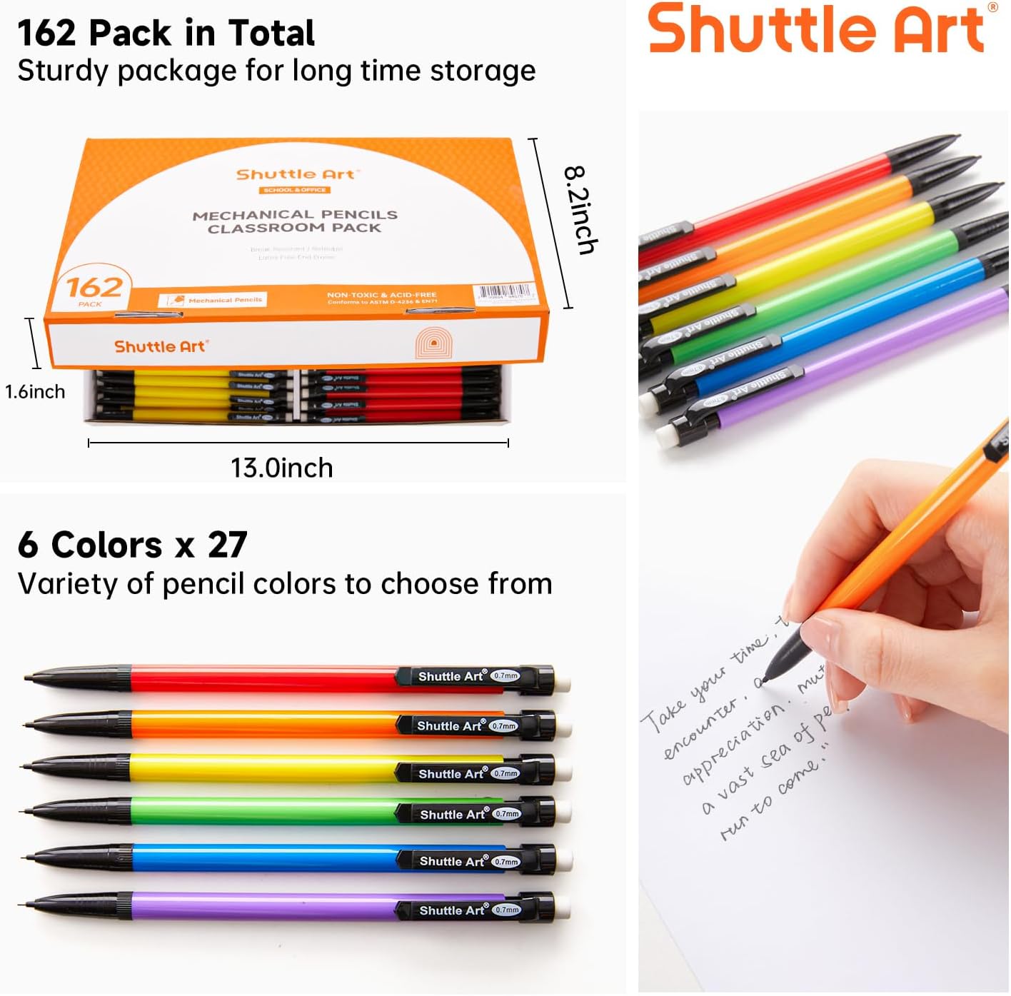 Shuttle Art Mechanical Pencils, 162 Pack Bulk Mechanical Pencils 0.7mm Medium Point, HB #2 Lead Pencils, Assorted Barrels, Office School Supplies