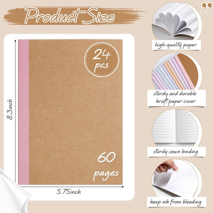 Harloon A5 Composition Notebook Journals 8 x 5.75 in College Ruled Kraft Notebooks with Rainbow Spines Small Lined Composition Book for Office Home(Bright Color,24 Pcs)
