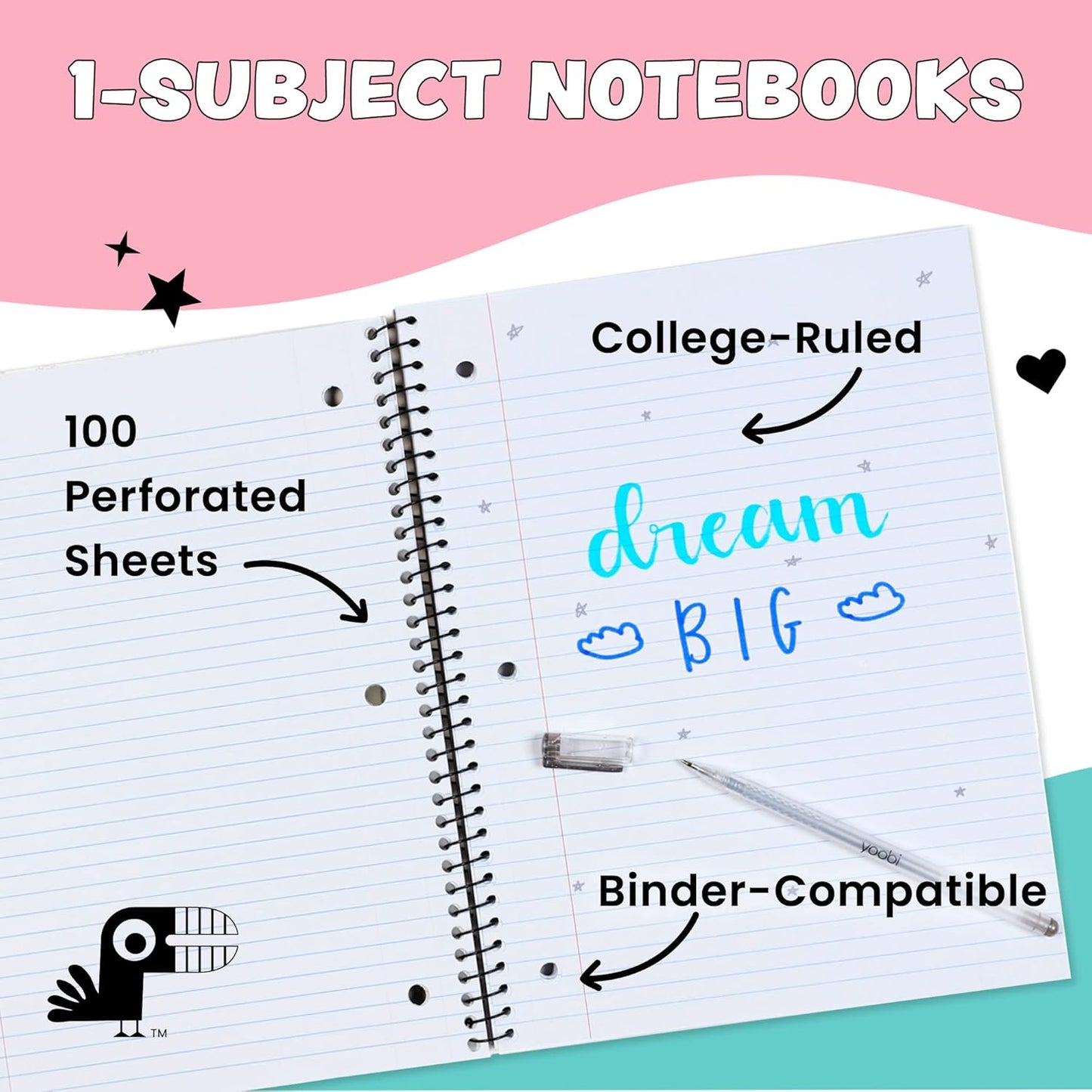 Yoobi College Ruled 8 x 10.5” Spiral Notebook Set – 3-Pack of 1 Subject Notebooks, Pink, Purple & Black Celestial Patterns – 150 Perforated 3-Hole Punched Sheets