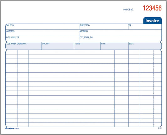 Adams Invoice Book, 2 Part, Carbonless, 8.38 x 7.19 Inches, 50 Sets per Book, White and Canary (D8740)