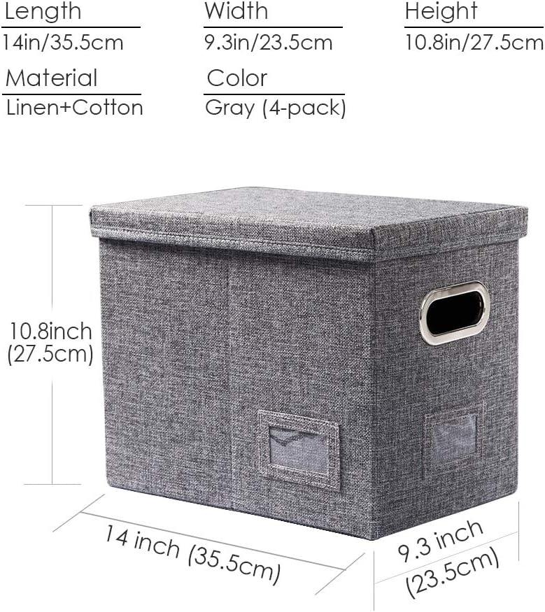 PRANDOM File Organizer Box - Collapsible Decorative Linen Filing Storage with Lids for Letter Size - Grey (14x9.3x10.8 inch)