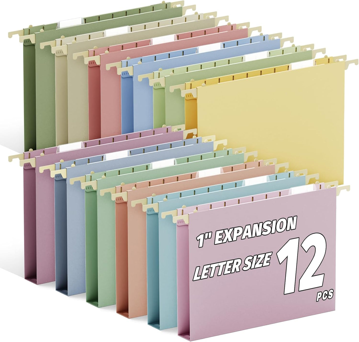 Ansook 12 Pack Hanging File Folders, Plastic Letter Size File Folders Hanging with Tabs, Heavy Duty 1 Inch Expansion, Pastel Hanging Organizers for Filing Cabinet, Home Office School Document Storage