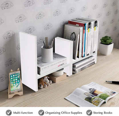 Jerry & Maggie Desktop Organizer Office Storage Rack Adjustable Wood Display Shelf Free Style Double H, Multi-Functional Mini Bookshelf for Desk Natural Stand (White)