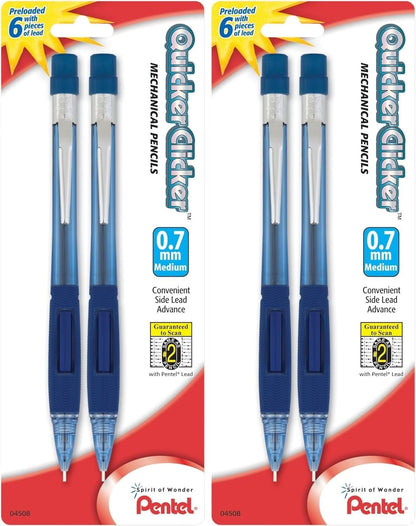 Pentel Quicker Clicker Mechanical Pencil, (0.7mm), Transparent Blue Barrel, Pack of 2 (PD347BP2-K6)