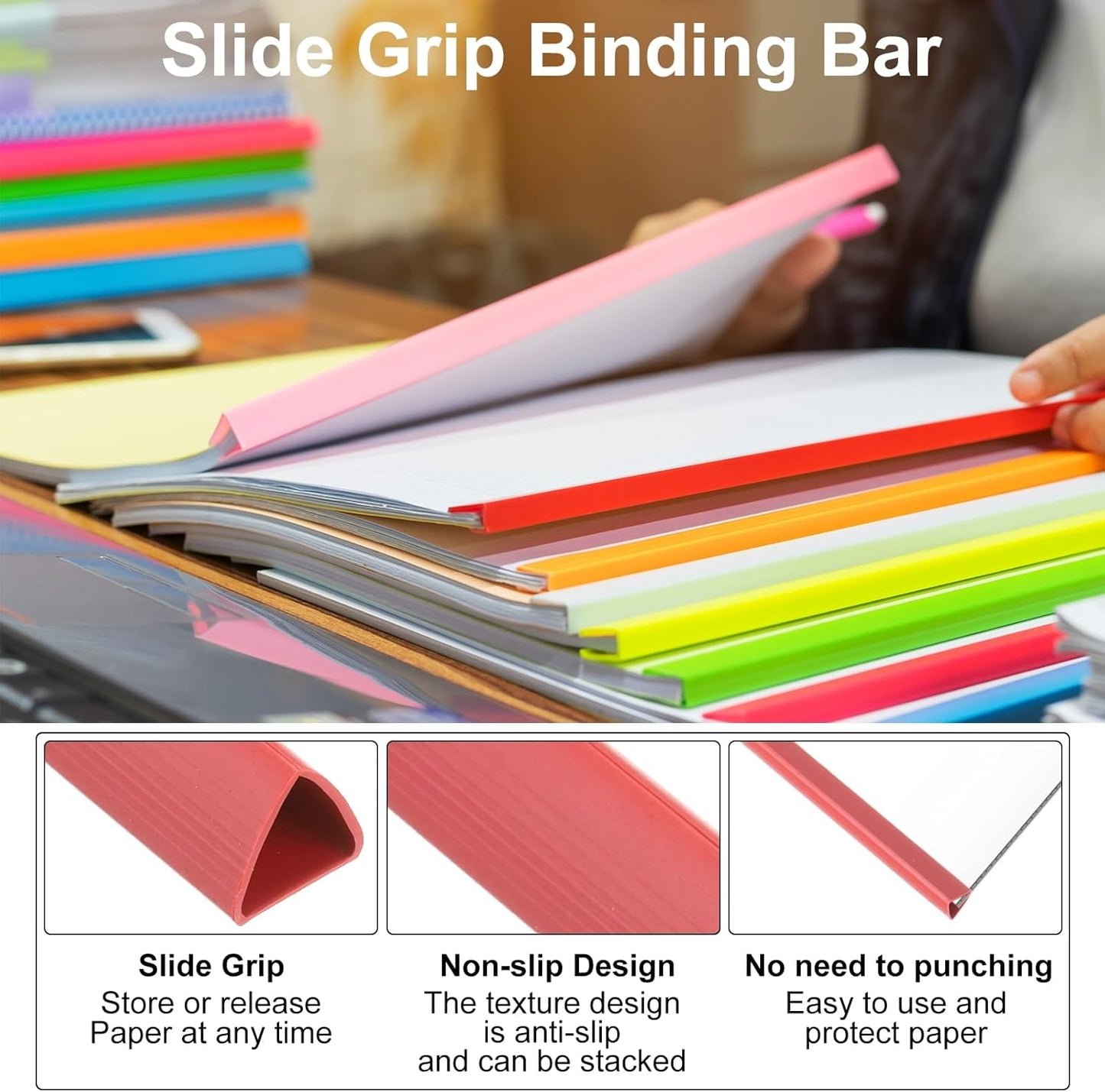 PATIKIL 100Pcs Binding Bars, 10mm Binding Bars Slide Grip 70 Sheets Capacity A4 Size Report Binder Triangle Presentation Binder for Report Cover Resume, Blue