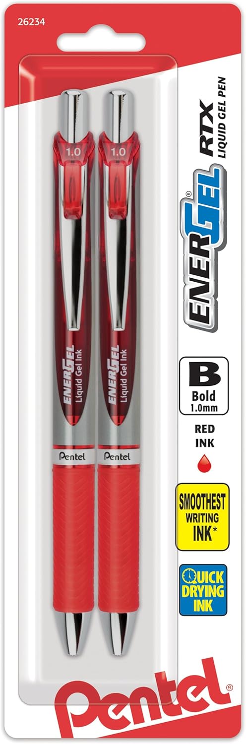 Pentel EnerGel RTX Retractable Liquid Gel Pen, (1.0mm), Bold Line, Metal Tip, Black Ink, Pack of 3 (BL80BP3A)
