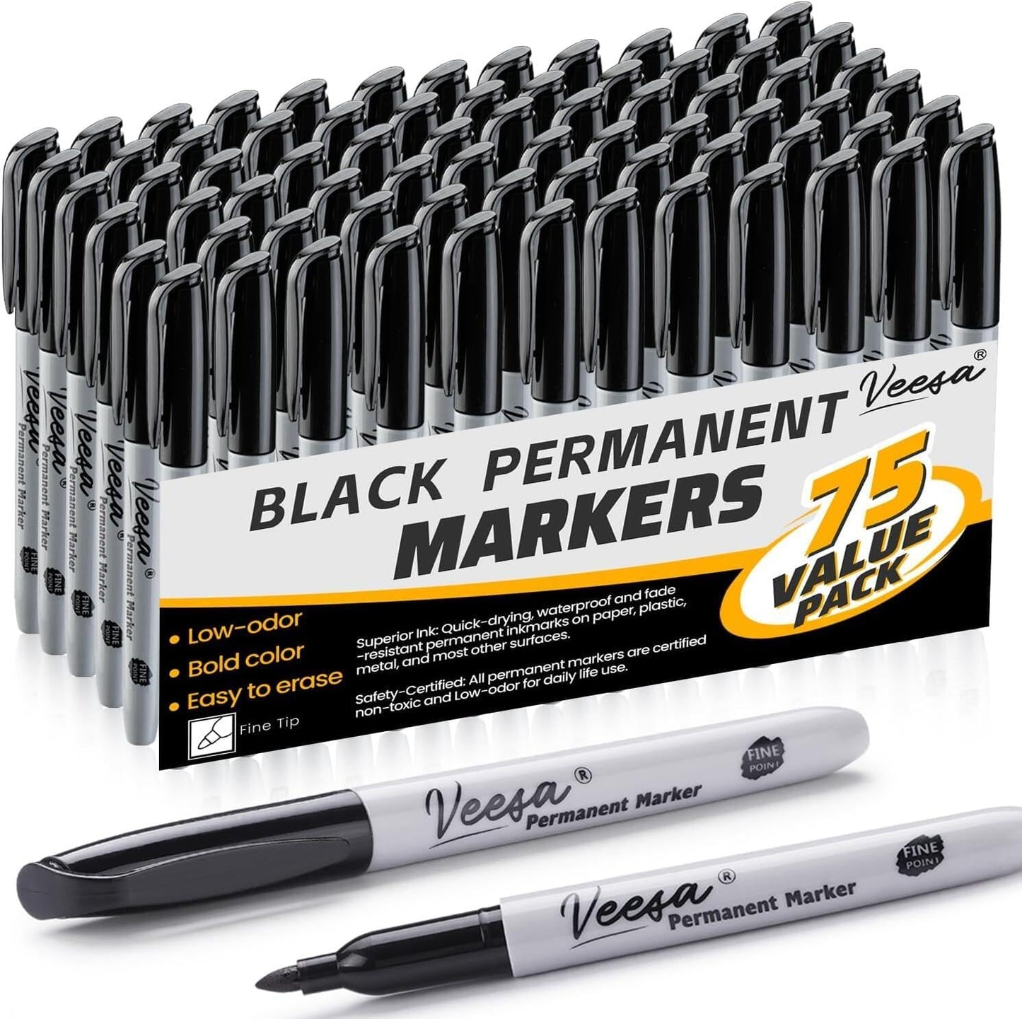 VEESA Permanent Markers Bulk, Fine Tip, 75 Pack Black Permanent Markers, Quick Drying, Water- & Fade-Resistant, Used on Wood Plastic Paper Metal