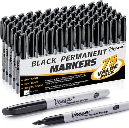 VEESA Permanent Markers Bulk, Fine Tip, 75 Pack Black Permanent Markers, Quick Drying, Water- & Fade-Resistant, Used on Wood Plastic Paper Metal