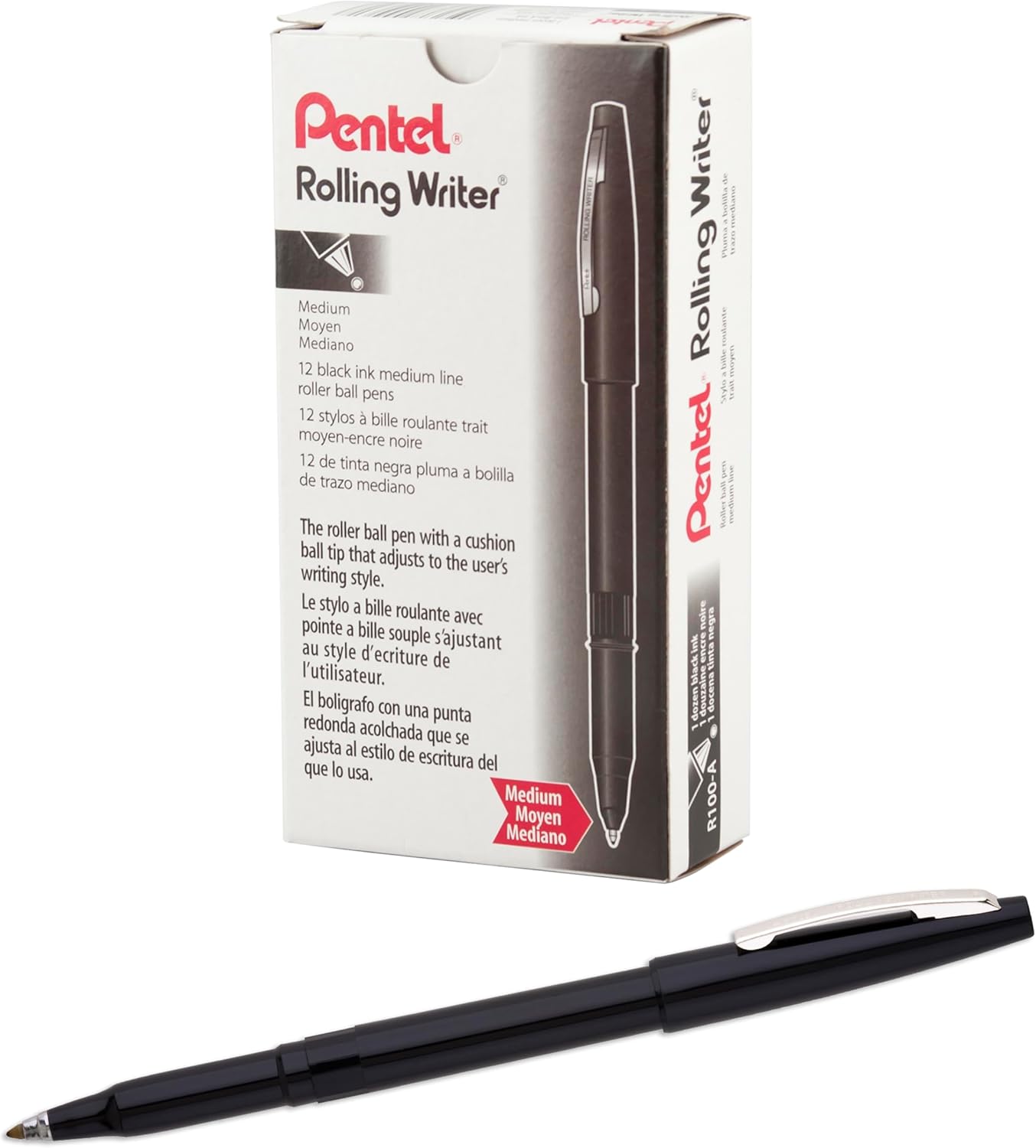 Pentel Rolling Writer Pen, 0.8 Millimeter Cushion Ball Tip, Black Ink, Box of 12 (R100-A)