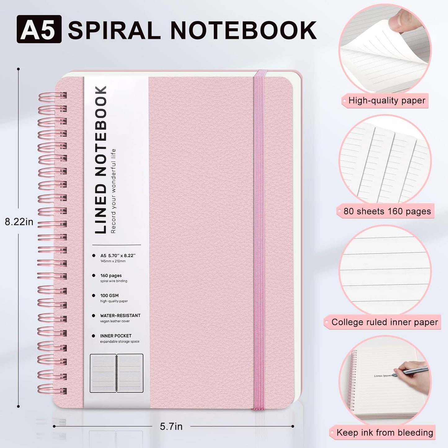 ABERLLS Lined Spiral Journal Notebook with 160 Pages, 8×5.7in, A5 Spiral Notebook, Journaling Notebooks for Work, School, Women, Men, College Ruled Spiral Notebook, Hardcover Leather Journals, Blue
