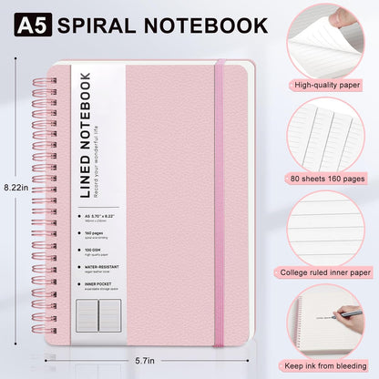 ABERLLS Lined Spiral Journal Notebook with 160 Pages, 8×5.7in, A5 Spiral Notebook, Journaling Notebooks for Work, School, Women, Men, College Ruled Spiral Notebook, Hardcover Leather Journals, Blue