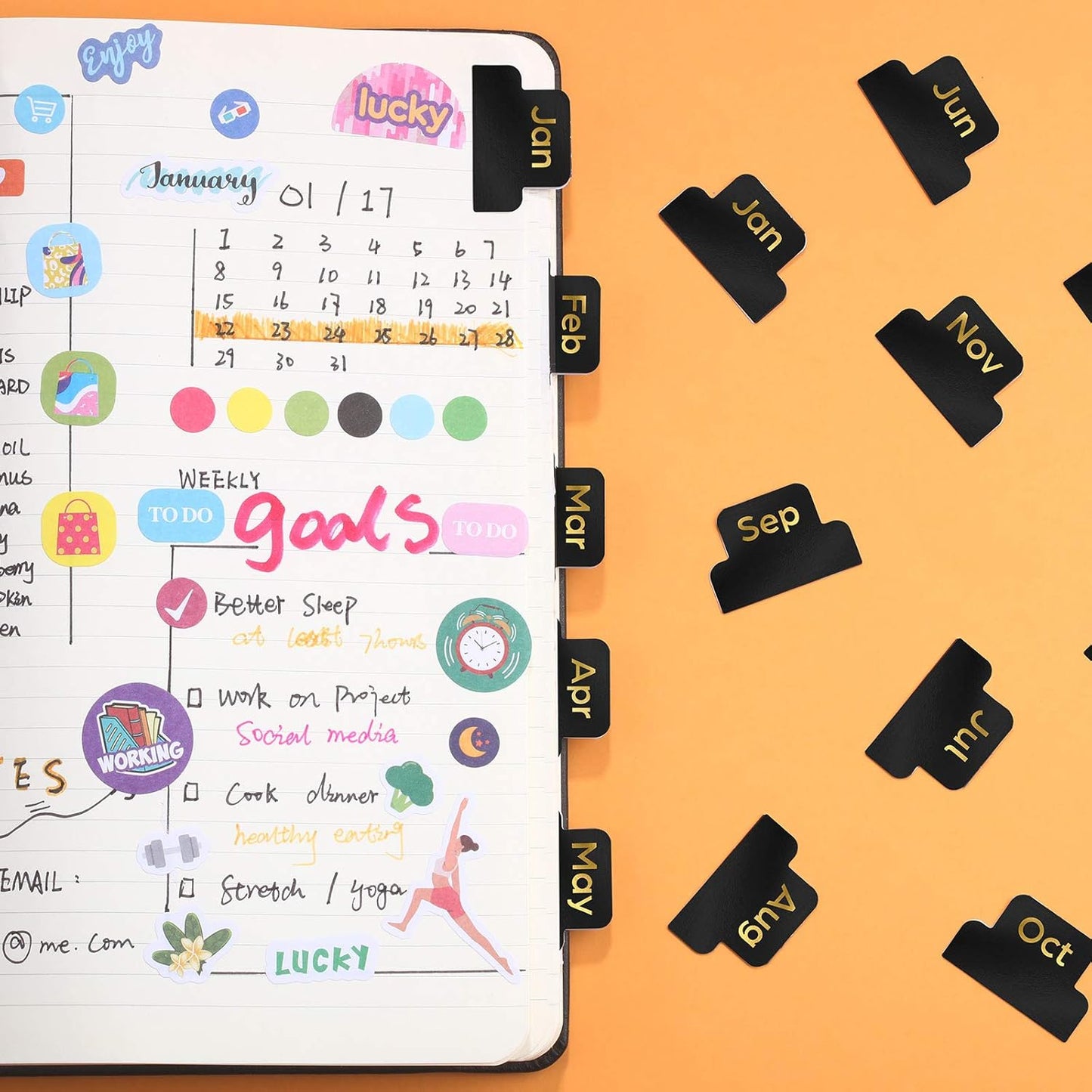 Outus 24 Pieces Monthly Adhesive Tabs for Planner - Designer Accessories Monthly Tabs Stickers Decorative for Office Planners Organizations Sturdy Notebook Planners Journal(Black)