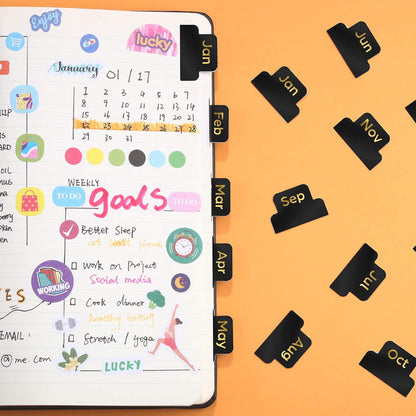 Outus 24 Pieces Monthly Adhesive Tabs for Planner - Designer Accessories Monthly Tabs Stickers Decorative for Office Planners Organizations Sturdy Notebook Planners Journal(Black)