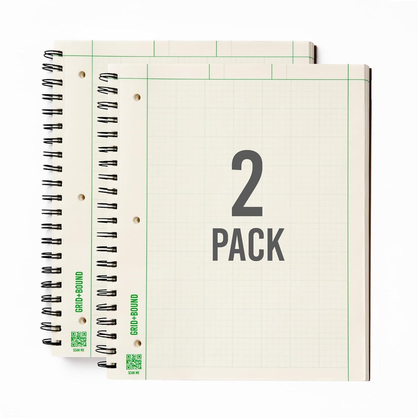 Grid+Bound Engineering Notebook, Spiral-Bound, 2 Pack, 8.5" x 11", Green Tint, Margin Front, 5x5 Graph Back, 150 Sheets per Notebook