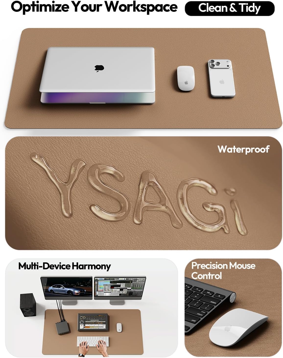YSAGi Leather Office Desk Pad Protector, Large Mouse Pad, Non-Slip, PU Leather, Laptop Desk Blotter, Waterproof Writing Pad for Office and Home, Black, 23.6" x 13.8" - Colors A