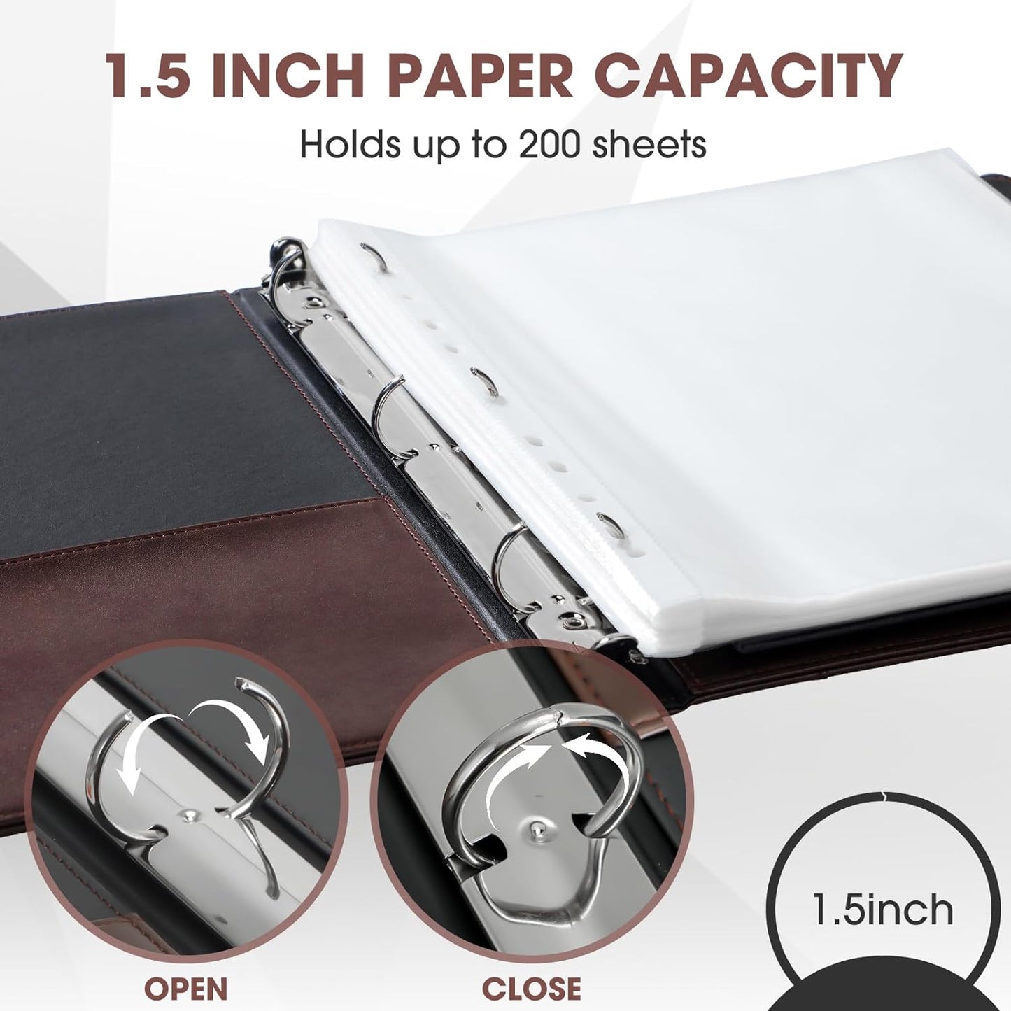 Yexiya 4 Pcs Vintage Hardback 3 Ring Binder Planner Portfolio Leather Round Ring Binder Organizer Holds 200 Sheets with 2 Inner Pockets, 13 x 10 Inch(1 Inch,Black)