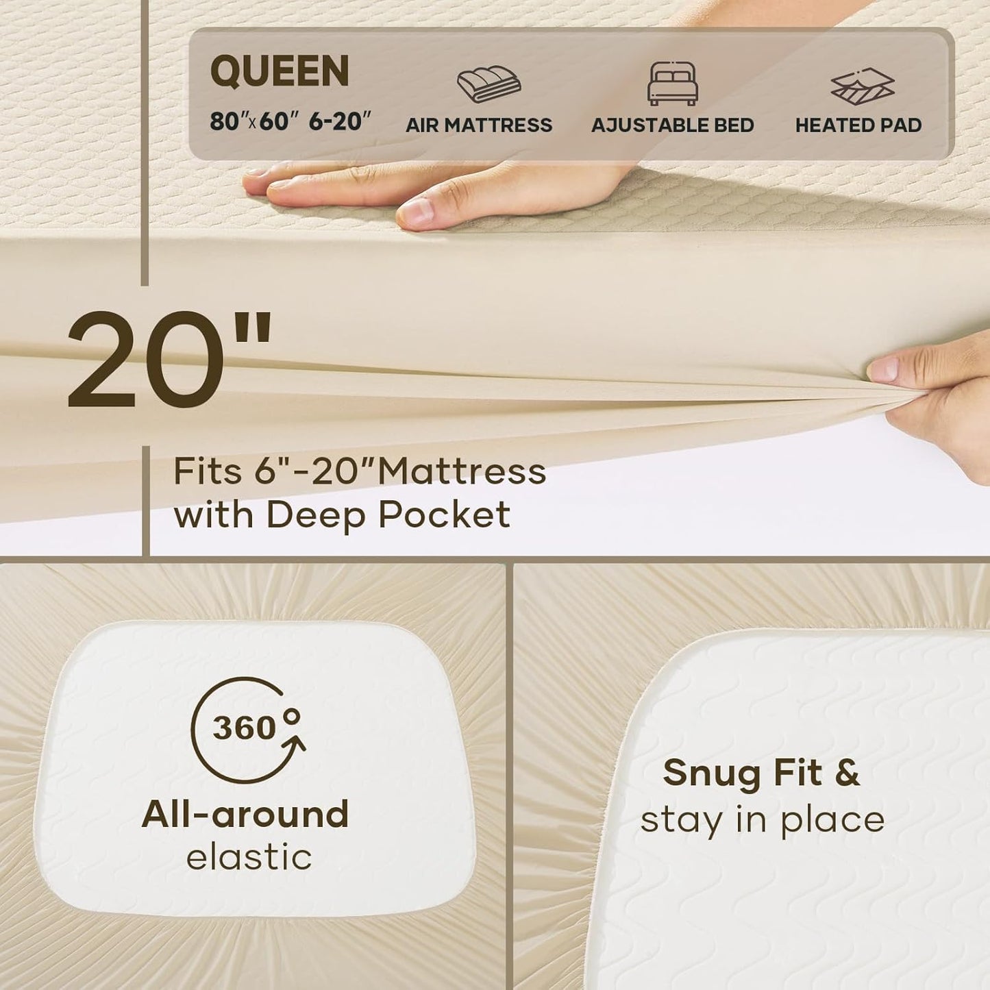 OhGeni 100% Waterproof Queen Size Mattress Protector,Soft Mattress Pad, Cooling Breathable Fitted Sheets,Washable Bed Cover,Non-Slip Deep Pocket,Noiseless for Bedroom