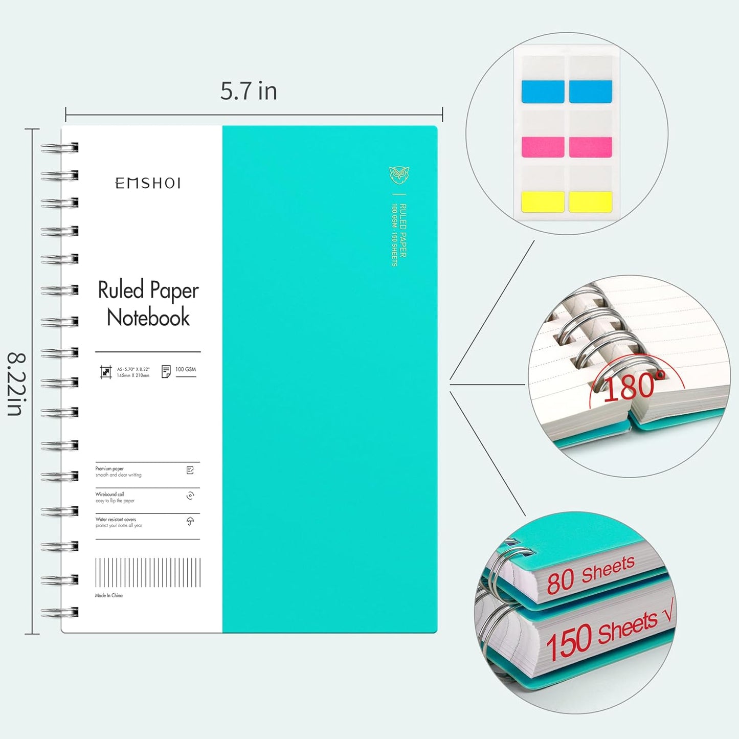 EMSHOI A5 Spiral Notebook College Ruled Lined Journal, Small 5.7" X 8.22", 300 Pages/150 Sheets, 100gsm Thick Paper, Waterproof Hardcover, for Office School Women Men Work Writing Notes, Blue