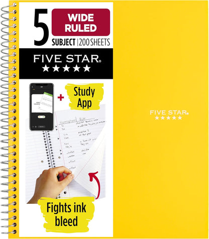 Five Star Spiral Notebook + Study App, 5 Subject, Wide Ruled Paper, 8" x 10-1/2", 200 Sheets, Fights Ink Bleed, Water Resistant Cover, Tidewater Blue (73196)