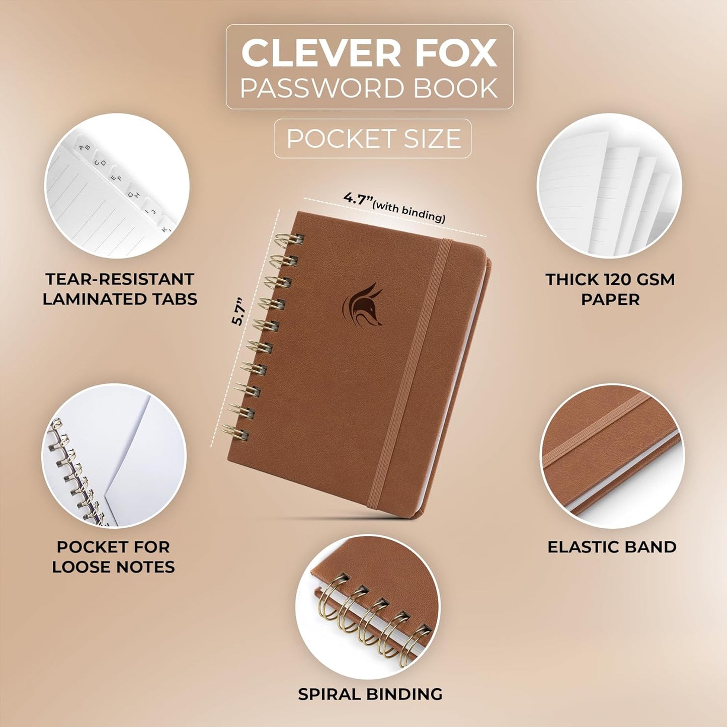 Clever Fox Password Book Spiral – Internet Address & Password Organizer with Laminated Alphabetical Tabs – Password Keeper Journal – Hardcover, Medium Size, 6.1x7.7” (Mystic Blue)