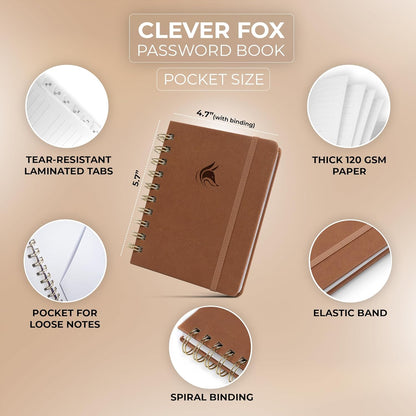 Clever Fox Password Book Spiral – Internet Address & Password Organizer with Laminated Alphabetical Tabs – Password Keeper Journal – Hardcover, Medium Size, 6.1x7.7” (Mystic Blue)