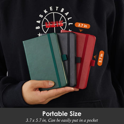 NIRMIRO Small Notebook Journals, 3 Pack Mini Pocket Note pads for Men & Women Writing, A6 Small Leather Notepad 3.7" x 5.7" with Pen, Black, Red, Green