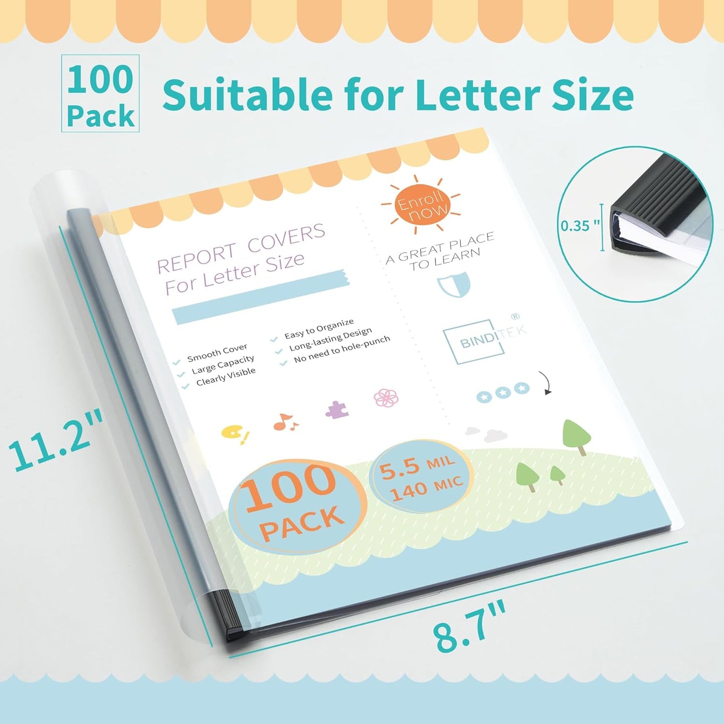 Binditek 12 Pack Clear Report Covers with Black Sliding Bars, 70 Sheet Capacity, 9mm Binding Bars, Letter Size, 5.5 Mil Thick, Black, for Students and Coworkers