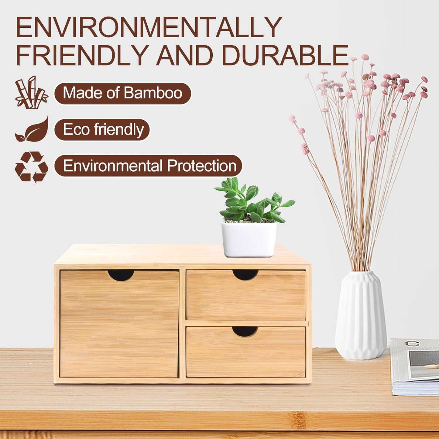 Charmewooden Bamboo Desk Organizer With Drawers Countertop Drawers Counter Storage Box Corner Desk Organizer for Home Office No Assembly Required (3 Drawers)