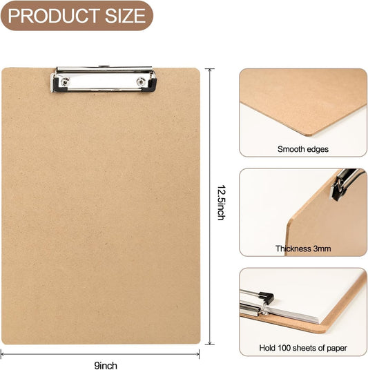 15 Pack Clipboard 9 x 12.5 Letter Size Clip Boards Bulk, A4 Wooden Hardboard Office Clipboards for Classroom, Work-Meetings, Brown