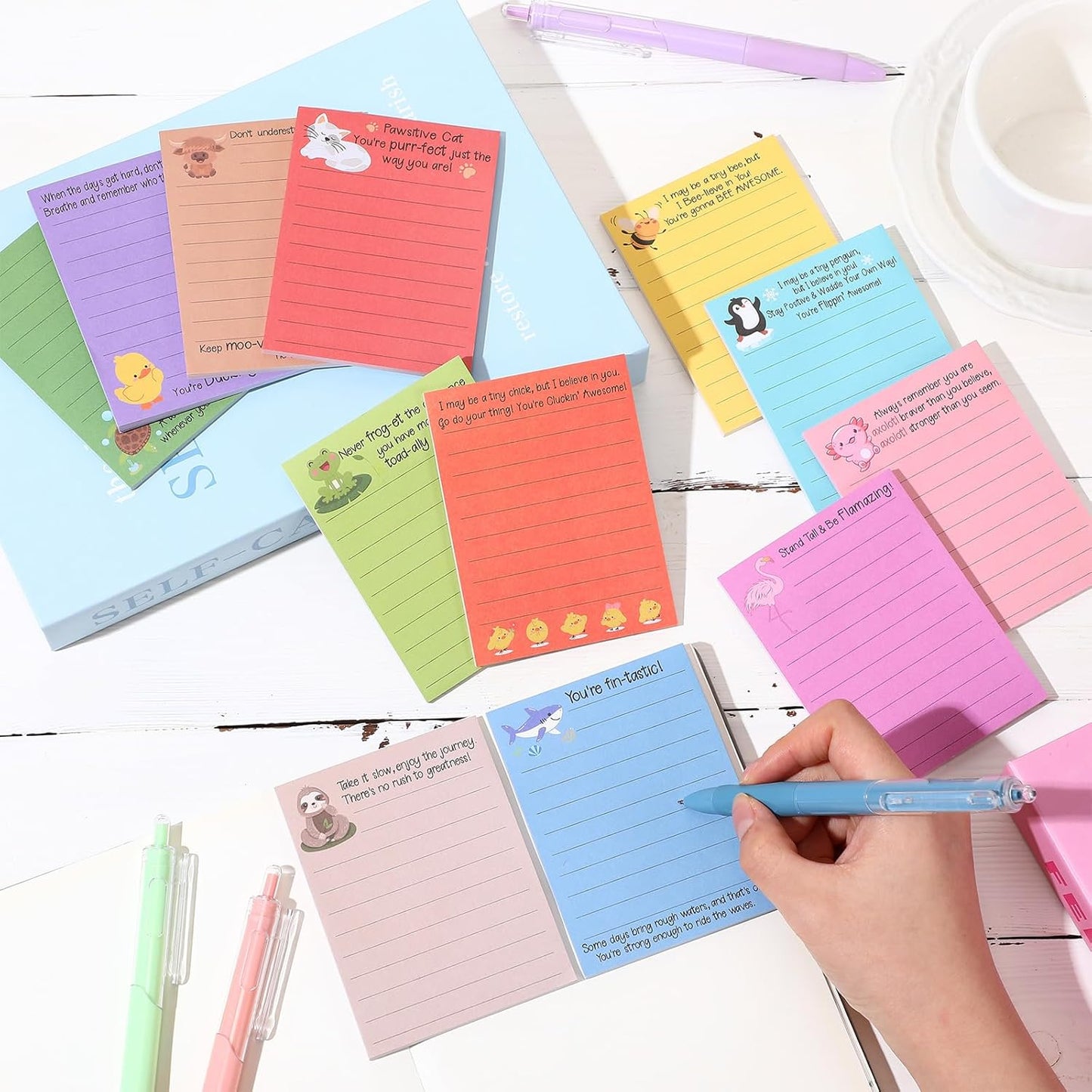 AmazingSpark 12 Pcs Cute Inspirational Sticky Notes, 4*3 Motivational Notepads Positive Emotional Support Gift Funny Lined Memo Note Pads for Office Desk Supplies Coworker Employee(Fruits,Vegetables)