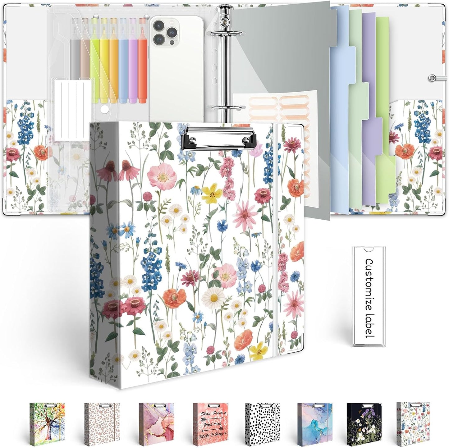 3 Ring Binder 1 Inch, Three Ring Binders Organizer with Clipboard, 5-Tabs Pockets Dividers, Plastic Folder, 18 Divider Stikers, BVSSX Pretty Binder with Pen Loop (Black Weeds, Letter Size)