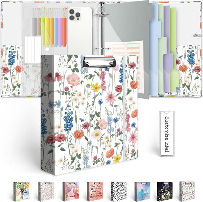 3 Ring Binder 1 Inch, Three Ring Binders Organizer with Clipboard, 5-Tabs Pockets Dividers, Plastic Folder, 18 Divider Stikers, BVSSX Pretty Binder with Pen Loop (Black Weeds, Letter Size)