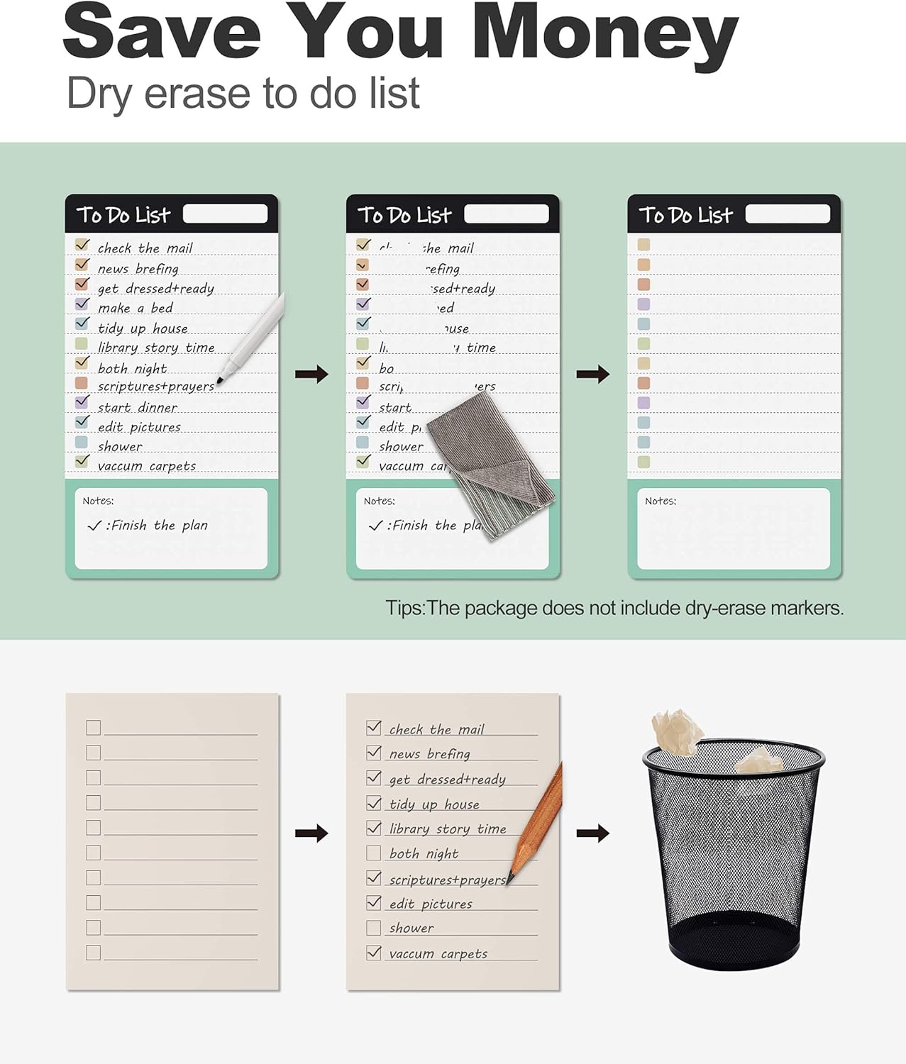 Dry Erase to Do List Sticky Notes| 12pcs Premium Daily Planner White Board| Chore Chart Checklist Notepad| Lined Task Todo Memo Pad| Removable Suitable for Home,Office,Refrigerator,Desk