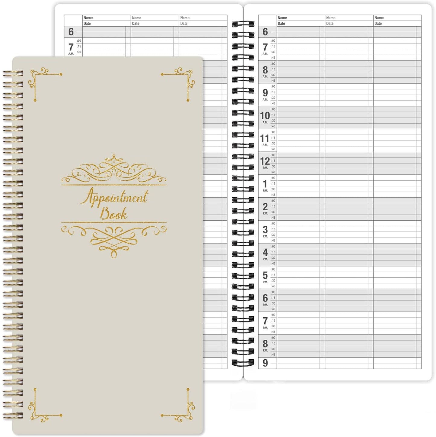 Appointment Book - Undated Salon Appointment Book, Daily & Hourly Schedule Book with 200 Pages, 6 AM - 9 PM, 15 Minute Intervals Day Planner, 6" x 11.5", 3 Column, Twin-Wire Binding, Hardcover