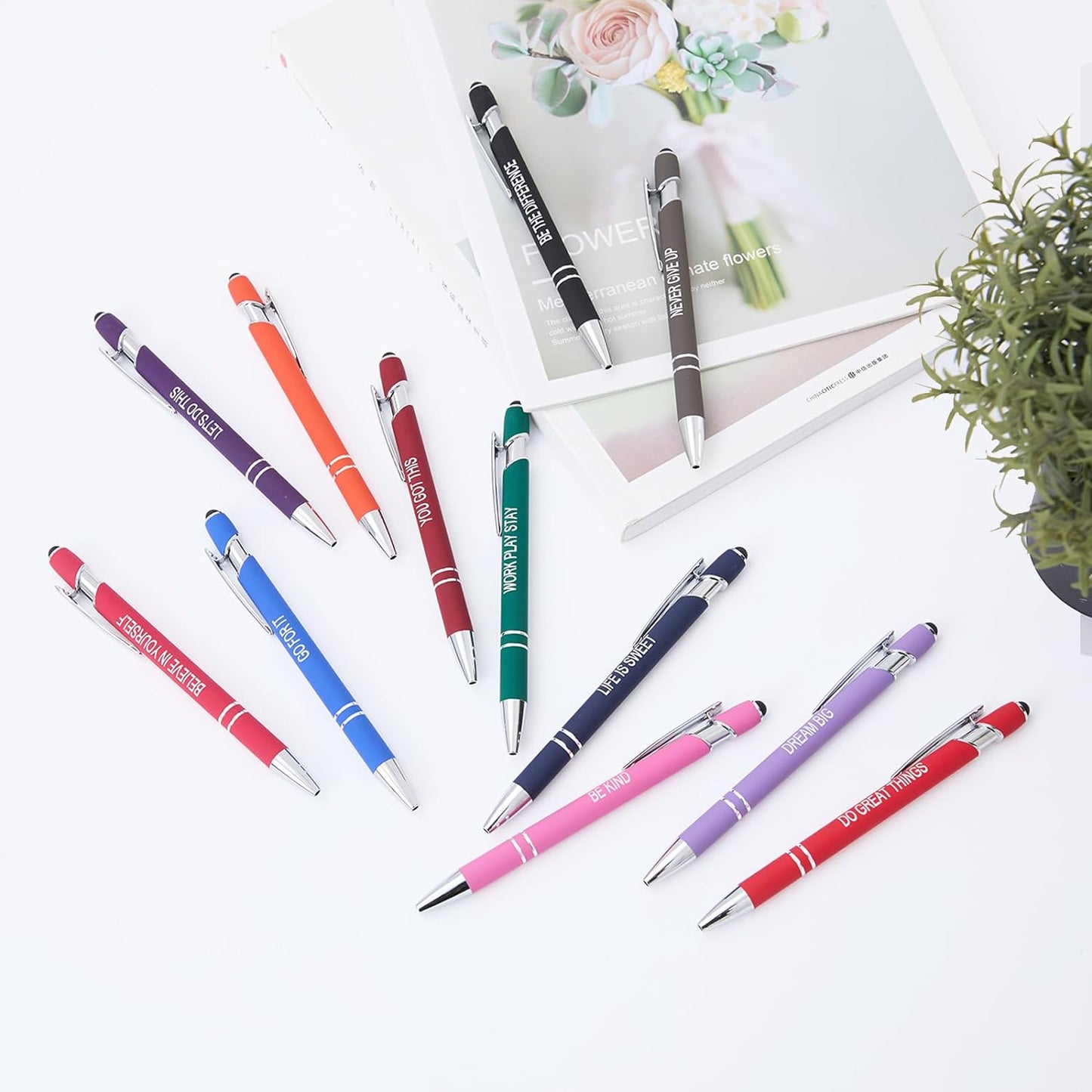 Actsun Funny Pens - 12 Pack Fine Point Smooth Writing Pens with Inspirational Tips, Black Ink, Touch Stylus Screens, Motivational Gift for Office & Desk Accessories