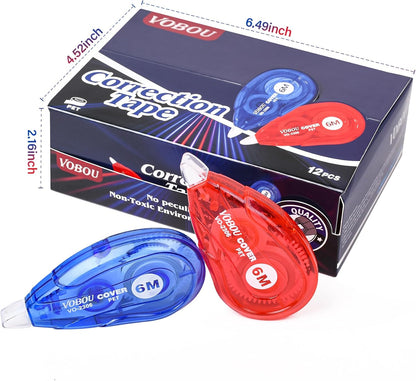 Vobou White Correction Tape, Easy To Use Applicator for Instant Corrections Wrong Writing At Any Time, For school, Office (Red and Blue, 12pack, 6M/256" x 0.2")