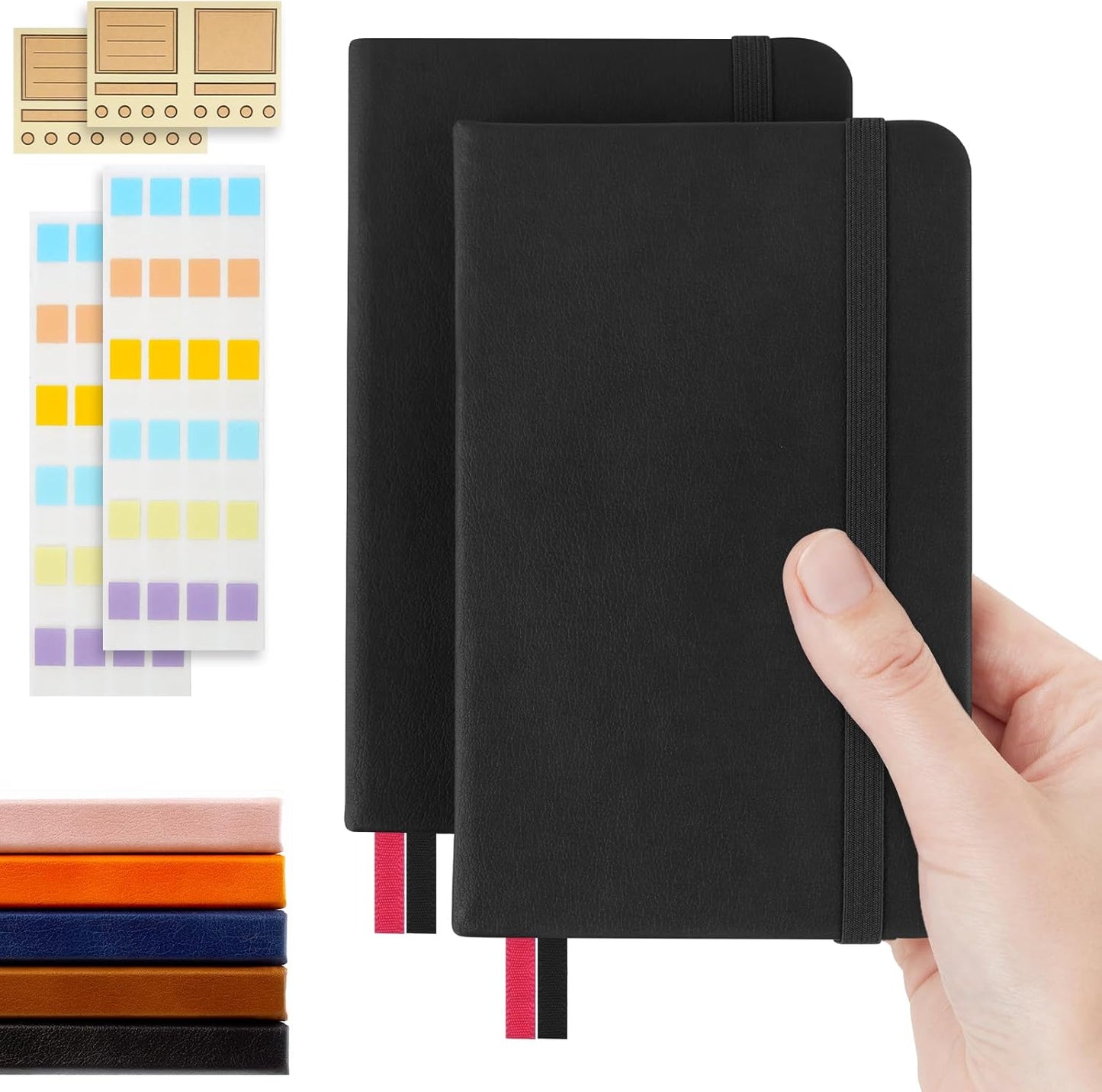 Pocket Dotted Notebook, 2-Pack Dot Grid Notebook, Dotted Journal with Stickers, 3.5" x 5.5" Hardcover, Small Mini A6 size, 160 Pages, 100 gsm Thick Paper, Cognac Brown