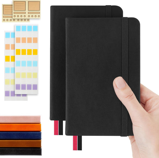 Pocket Dotted Notebook, 2-Pack Dot Grid Notebook, Dotted Journal with Stickers, 3.5" x 5.5" Hardcover, Small Mini A6 size, 160 Pages, 100 gsm Thick Paper, Cognac Brown