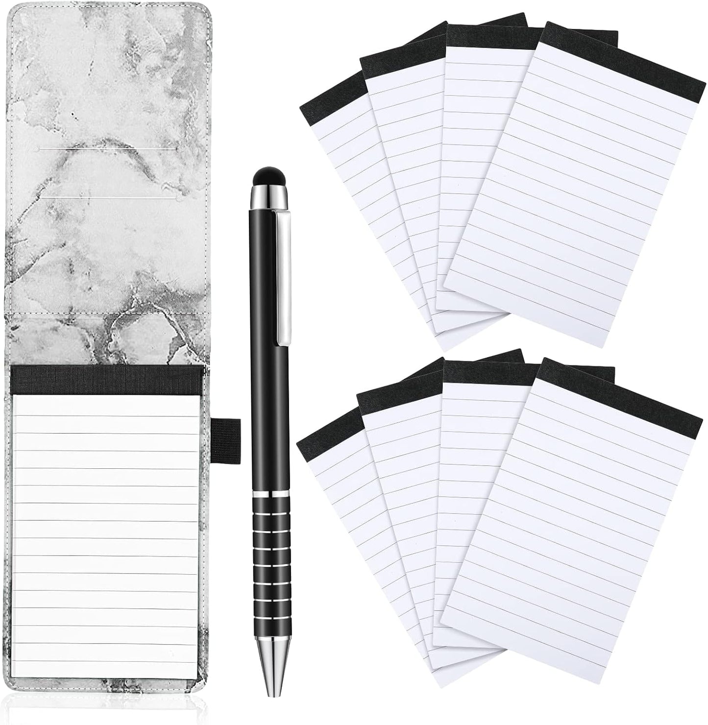 Outus 10 Pcs Mini Pocket Notepad Holder Set Included Small Leather Pocket Notebook Holder with 50 Lined Sheets, Metal Pen, 8 Pcs 3 x 5 Inch Memo Book Refills, 30 Lined Paper Per Note Pad (Black)