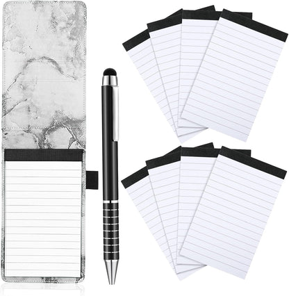 Outus 10 Pcs Mini Pocket Notepad Holder Set Included Small Leather Pocket Notebook Holder with 50 Lined Sheets, Metal Pen, 8 Pcs 3 x 5 Inch Memo Book Refills, 30 Lined Paper Per Note Pad (Black)