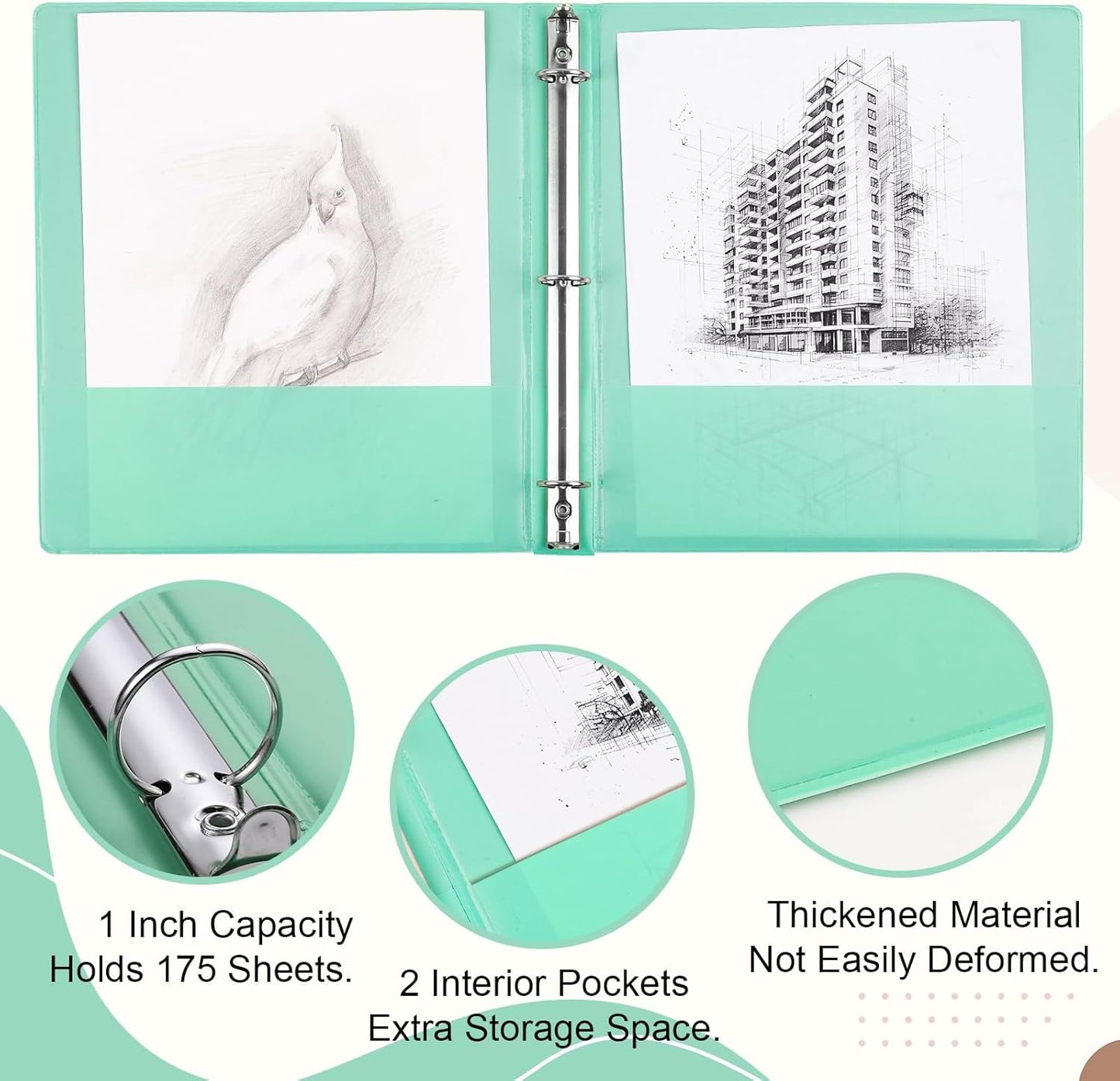 3 Ring Binder - 6 Pack, 1 Inch Binder with 2 Interior Pockets & Clear View Overlay, Large Capacity, Round Ring Binders for Office Supplies, School & Home (6 Colors)