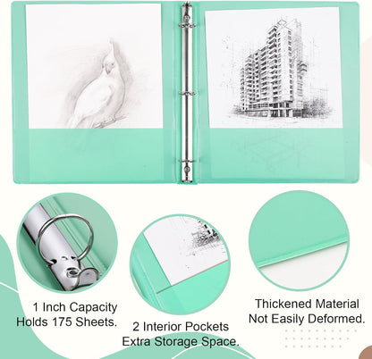 3 Ring Binder - 6 Pack, 1 Inch Binder with 2 Interior Pockets & Clear View Overlay, Large Capacity, Round Ring Binders for Office Supplies, School & Home (6 Colors)