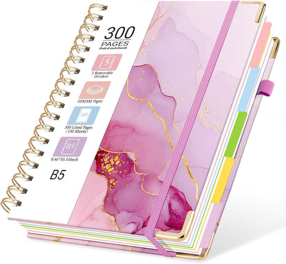 Hardcover Spiral Journal Notebook, 300 Pages 5 Subject Notebook College Ruled with Removable Dividers Tabs, 8" x 10" Notebooks for Work, Spiral Ruled Lined Writing Journal Hardcover Leather Notebook for School (Black, 8''x 10'')