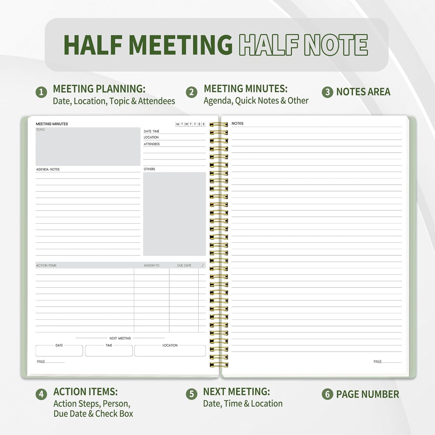 SUNEE Half Meeting Half Note - 7.5"x10" Professional Notebooks for Work - 160 Pages, B5 Size Project Planner, Spiral Meeting Agenda/Minutes Organizer for Women Men, Note Taking, Office & Business
