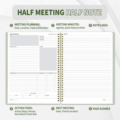 SUNEE Half Meeting Half Note - 7.5"x10" Professional Notebooks for Work - 160 Pages, B5 Size Project Planner, Spiral Meeting Agenda/Minutes Organizer for Women Men, Note Taking, Office & Business
