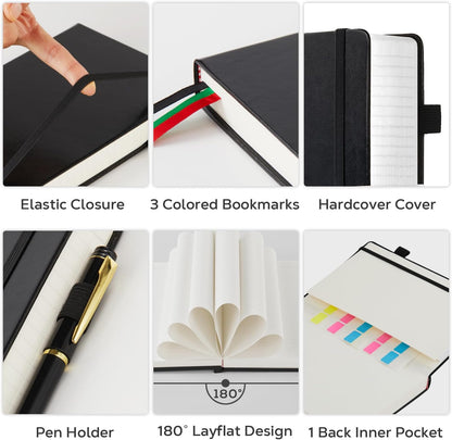 Hardcover Lined Notebook Journal for Writing, 320 Pages Leather Thick College Ruled Notebook Journal with 100GSM Paper, A5 (5.7'' X 8.4'') Daily Journal for Women Men Work Organization, Black