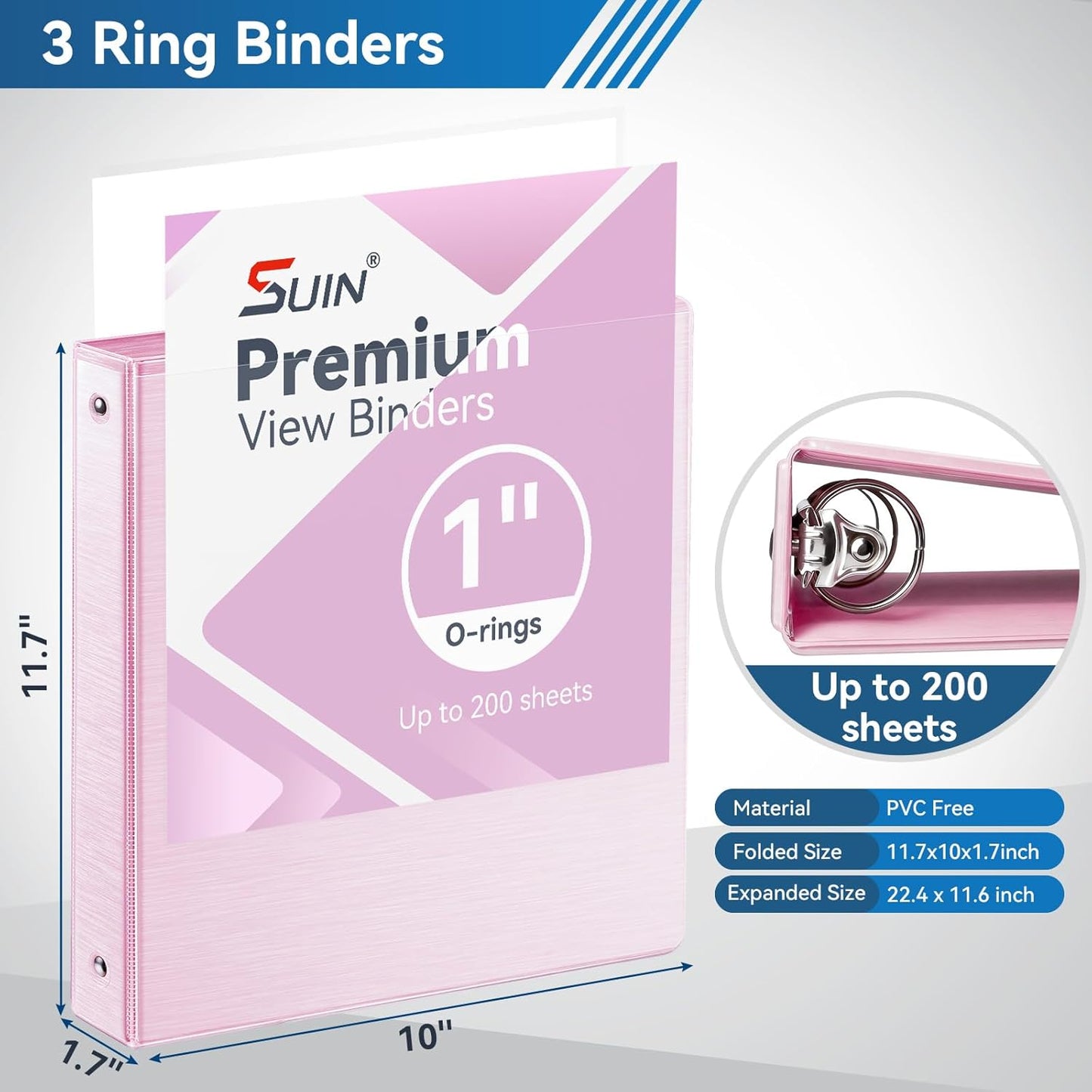 SUIN 1-inch 3 Ring Binder with 2 Interior Pockets, 1''Durable Binders Holds US Letter Size 8.5'' x 11'' Paper - Versatile Binders for Office, Home, and School Use, 6 Pack Black