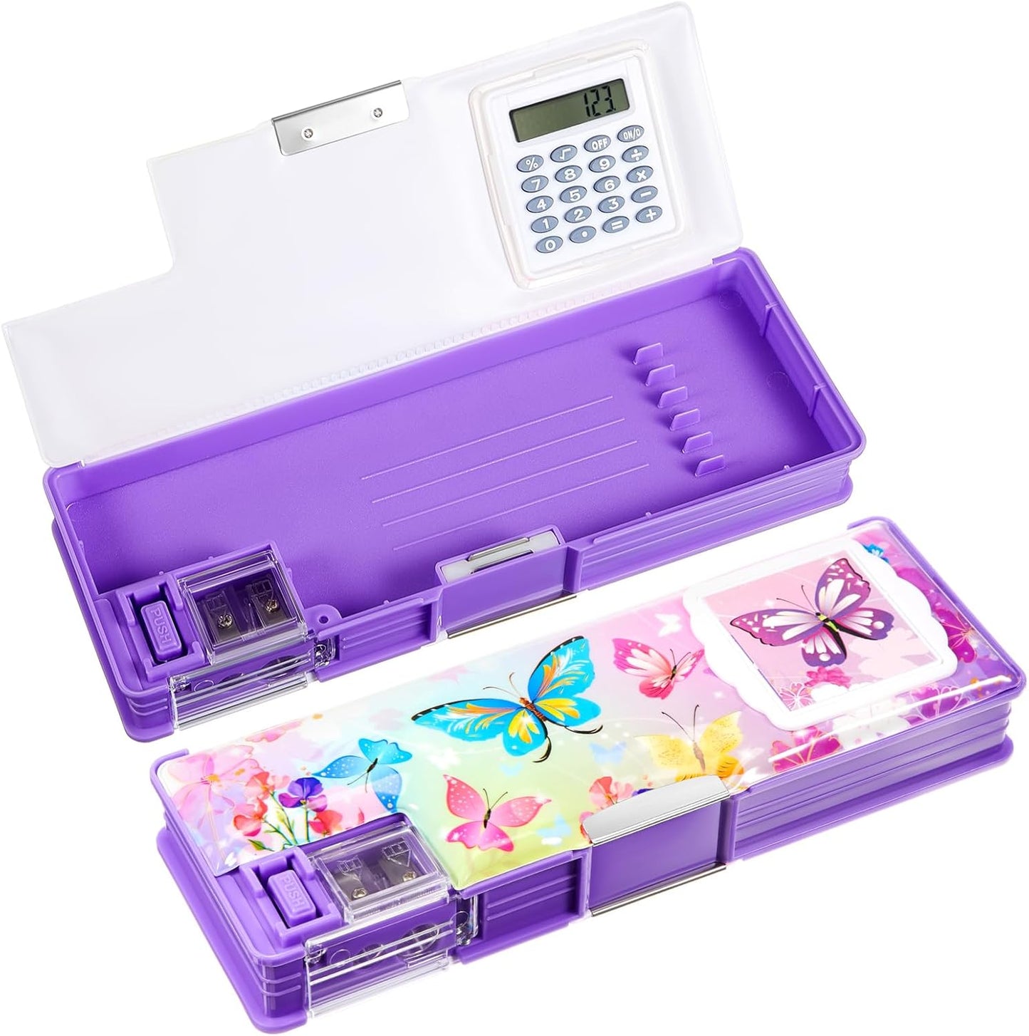 Henoyso Multifunctional Pencil Box for Girls Butterfly Pencil Case with Calculator and Sharpener Cool Cute Pencilcase School Supplies Essentials Christmas Birthday Gift Present for Kids Teens