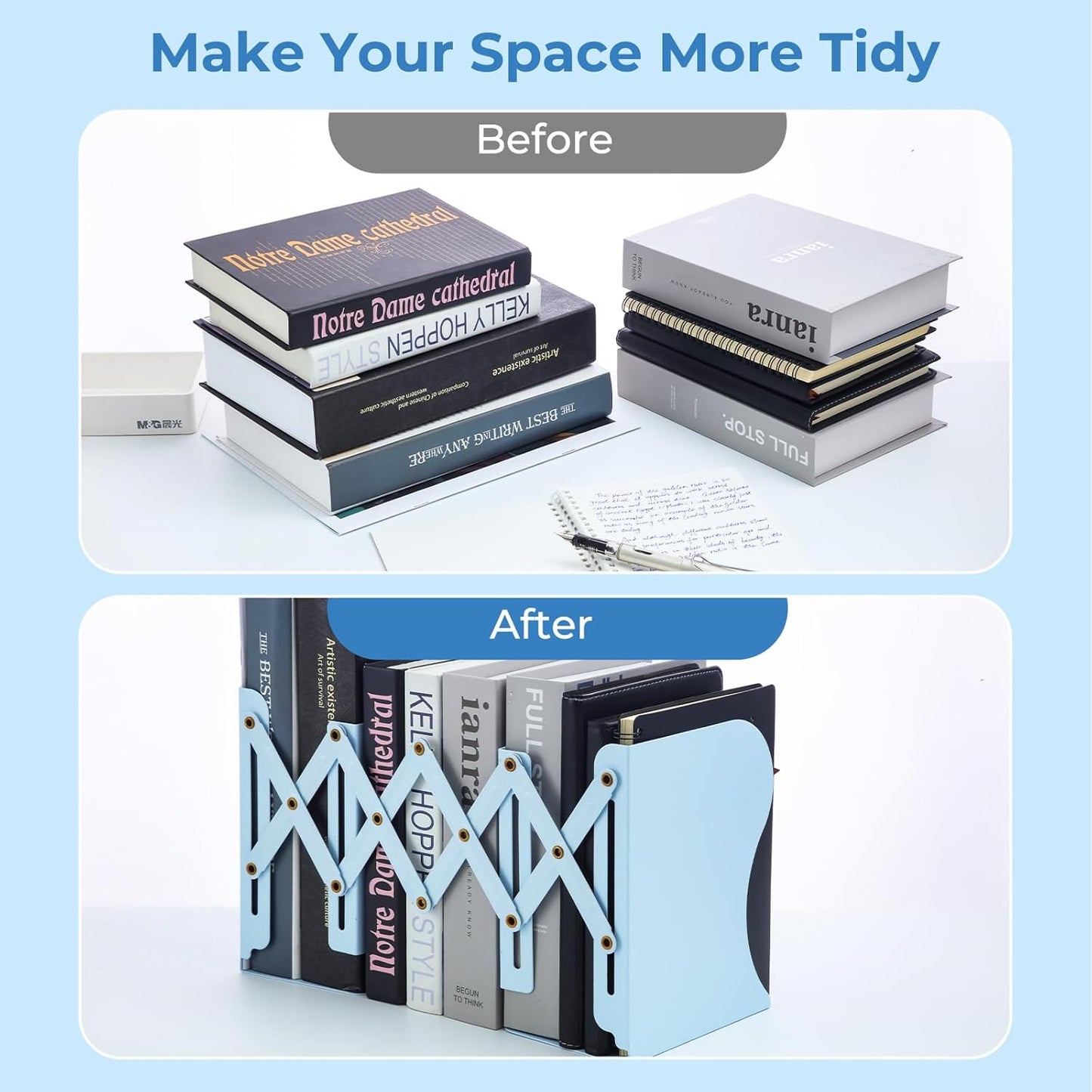 M&G Adjustable Bookends Book Ends for Shelves, Metal Bookend for Heavy Books, Desk Magazine File Organizer Holder Extends up to 20in, Book Stopper for Home, Office, Classroom (Black)