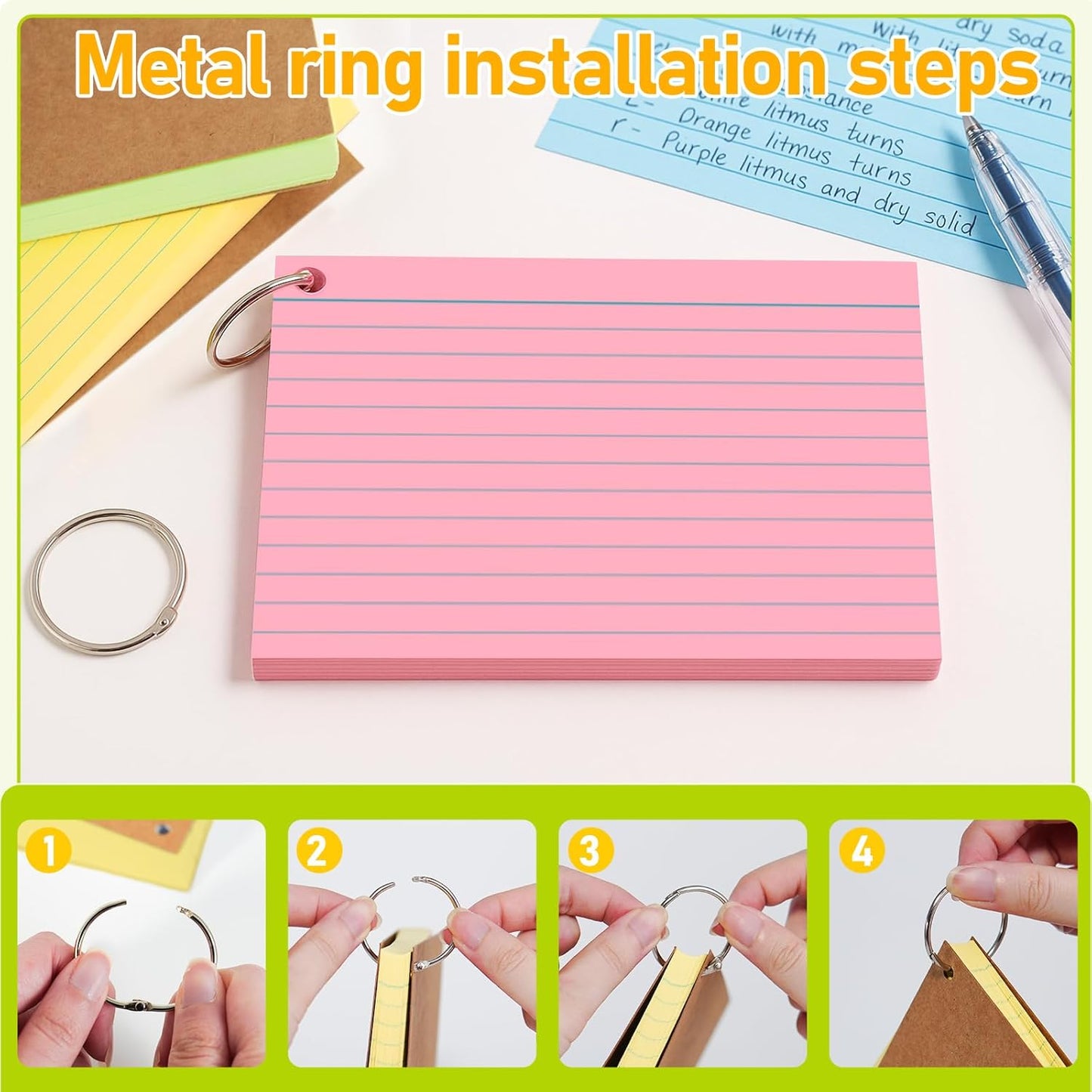 500PCS Colored Index Cards, 3x5 Inches Flash Cards with Ring, Lined on Both Side Notecards Ruled Study Card Flashcards Heavy Note Cards for Studying, Learning, School, College